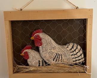 Framed Crafted Chickens Behind Chicken Wire Wall Hanging