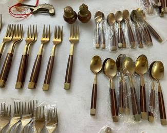 12 Piece Place Setting Teak Wood & Bronze Flatware Set (Approximately 147 Pieces) Included with Korean Wood Brass Bound Bandaji Scholars Style Chest Chinoiserie