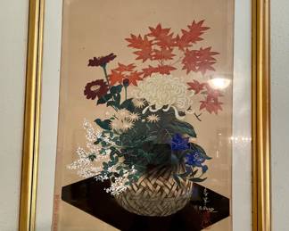 Bakufu Ohno (1888-1976) 'Autumn Flowers in Bamboo Basket' Woodblock Print on Paper Mid Century