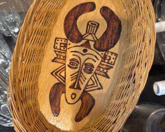 Tribal Mask Etched Stained Wicker Basket Tray / Dimensional Wall Art 