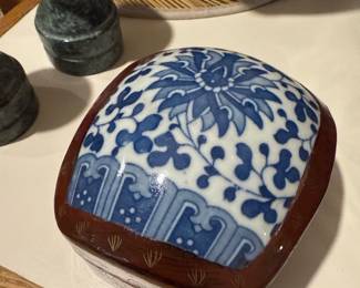 Vintage Antique Chinese Oriental Wooden Box,  with Porcelain Dome Lid, Blue/White Design 