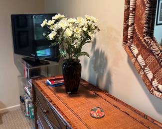 1980s British Colonial Style Burnt Bamboo and Rattan Lowboy Dresser 