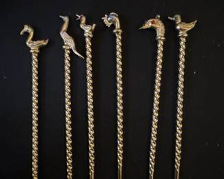 Vintage Jeweled cocktail picks birds Gold Plated 