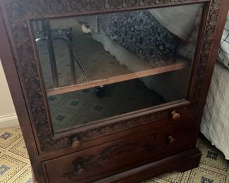 Antique Hand Carved Wood and Glass Cabinet