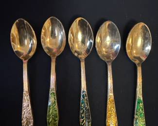 Set of 5 Vintage Siam Buddha Design Color Enamel Handle Nickel Bronze Spoons 
