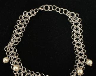 Vintage Silver Chain Link Pearl Wide Choker Necklace 