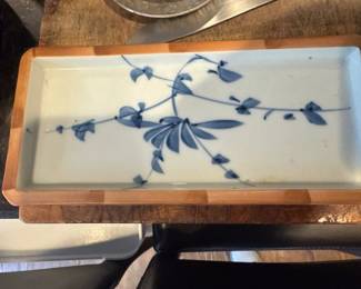 Vintage Japanese Rectangle Blue &  White Flowers Ceramic Plate 