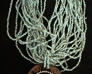 Turquoise Woven Seed Bead Necklace Wooden Handpainted Pendant 