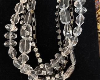 Silver and Clear Statement Necklace - clear three strand lucite resin Rhinestone