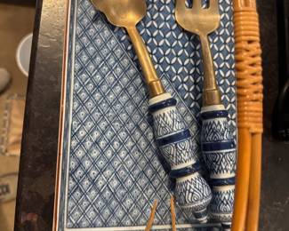 Vintage Brass Salad Servers with Porcelain Handles 