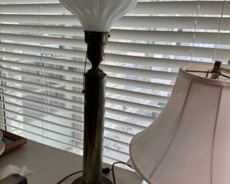 One of a Pair of Brass pole lamp with Flower Milk Glass Shade