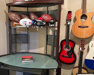 Computer Desk, Signed Footballs and Signed Guitars