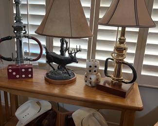 Table Lamps: Vintage Firehoses and Deer Lamp byJohn Parson's , Sofa/Entry Table, Cowboy Hats, Stirrup Bookends
