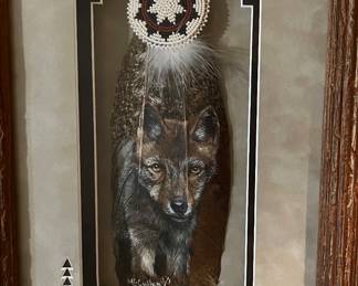 Art Feather Painting T. McCullum "Little Hunter" Young Wolf w Beaded Medallion at Top