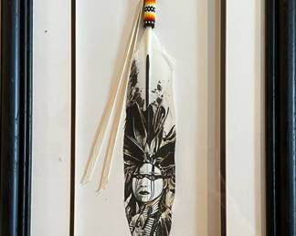 Art Feather Painting Donovan Begay "Pow Wow Dancer" Black & White w Beaded Top