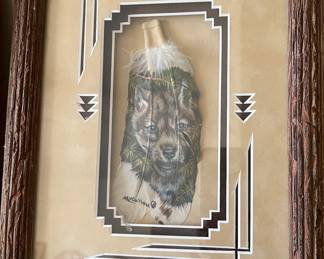 Art Feather Painting T. McCullum "Hiding Place" Wolf Cub in Pine