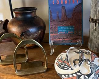 Brass Stirrup Bookends, Acoma Pot Angelina Medina Clay Black, Cream, Orange Lizard