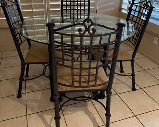 Wrought Iron Glass Top Kitchen Table w 4 Chairs