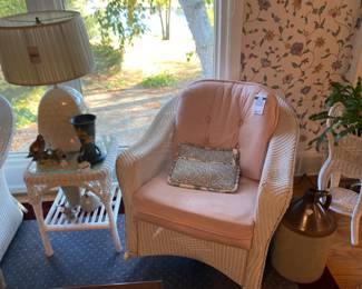 Teardrop Style Lamp, White wicker chairs, White wicker accent table with glass top, White wicker plant stand, Roseville Zephyr Lily Vase (C)