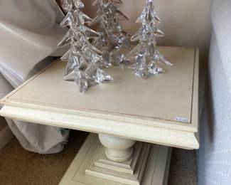 Lead crystal Christmas trees, White pedestal style side tables