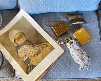 Blue Swiss dot sofa, Vintage seed bead flapper purse, Vintage brass pillow purse
