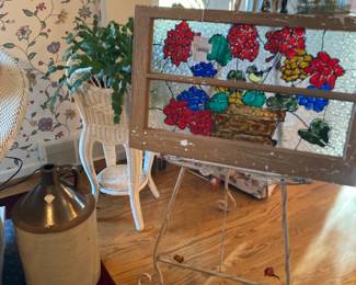 No. 5 large stoneware jug, White wicker plant stand, Painted Glass in Window Frame