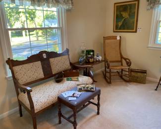 Victorian Style Settee, Victorian Style Glider Rocking Chair ,Needlepoint Footstool