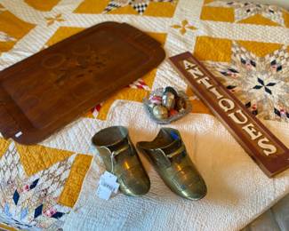 Stone Eggs, Wooden Antiques Sign, Brass Spanish Conquistador Stirrups