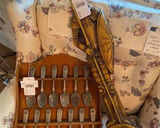 Mutt & Jeff Upholstered Chair, Carved Wax Fork, Franklin Mint American Colonies Set
