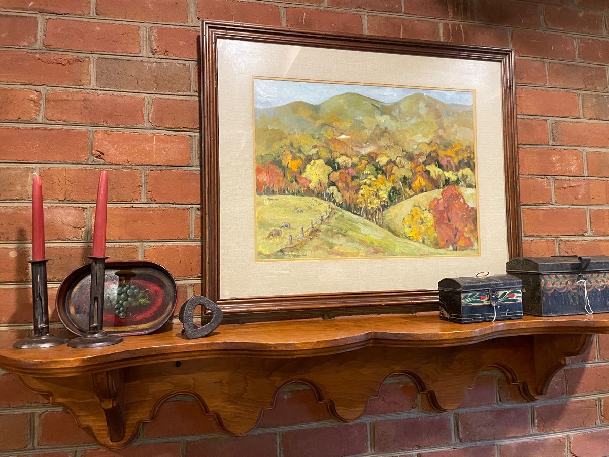 Water color of northeast Bedford County by Lettie Fraser,  Mid 19c Paint Decorated Tin Boxes, Lady's Side Saddle Stirrup, & Antique Hog Scraper Candlesticks