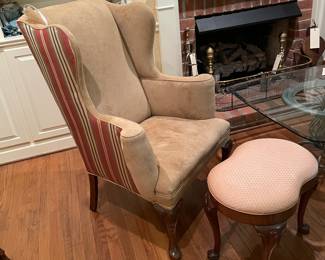 Side View of One of the Chairs showing Ultrasuede backed by a Striped Silk Fabric.  Shown with a Queen Anne Style Upholstered Stool