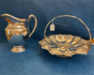 International Silver S/S 4-1/2 pt Pitcher & an Elegant Late  19c Redfield & Rice Silverplated Cake Basket