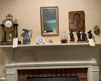 Early 19c French Empire Mantel Clock, a 19c Russian Icon, Set of Four Borghese Four Season Figures, Grape Pattern Curtain Tie Back, & other items