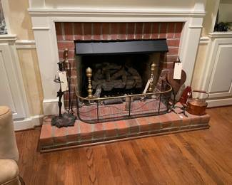 Late 18c to Early 19c Wire Work Fireplace Fender, early 19c Brass Andirons, Antique Bellows, Antique Copper Tea Kettle, & Grape Pattern Fire Tool Stand
