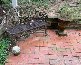 19c Wrought Iron Bench, Very Nice Flower Pot and a Hedgehog in a Pot