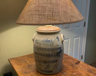 Large Blue Salt Glaze Crock Adapted as a Lamp