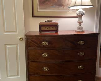 English Mahogany Bow Front Dresser w/ Marble Lamp and Fly fishing Print