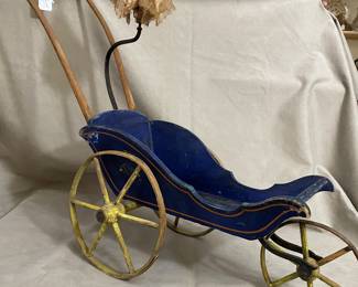 Charming Antique Blue Painted Doll Buggy