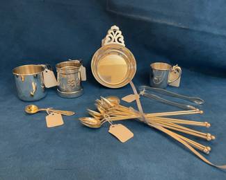 Three Sterling Baby Cups (one 19c), Baby Porringer,         1 Dozen Watson Sterling Silver Iced Tea Straws, London, George III S/S Sugar Tongs