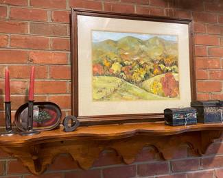 Water color of northeast Bedford County by Lettie Fraser,  Mid 19c Paint Decorated Tin Boxes, Lady's Side Saddle Stirrup, & Antique Hog Scraper Candlesticks