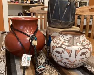 Sammi Smith bolo, antique Cochiti drums, native pottery