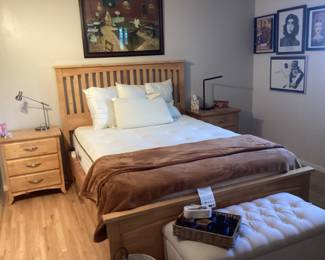 Avacado queen mattress. Matching bedsteads, two nightstands and large chest of drawers