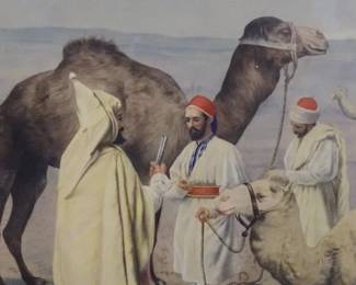 ANTIQUE 1898 SIGNED ARABIAN DESERT WATERCOLOR PAINTING FRAMED
