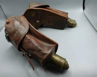 RARE ANTIQUE POMMEL MILITARY SADDLE BAG GUN HOLSTER WITH FAMILY CREST