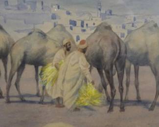 ANTIQUE 1898 SIGNED ARABIAN DESERT WATERCOLOR PAINTING FRAMED