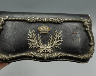 EARLY BRITISH VICTORIAN SILVER & LEATHER MILITARY CARTRIDGE BOX