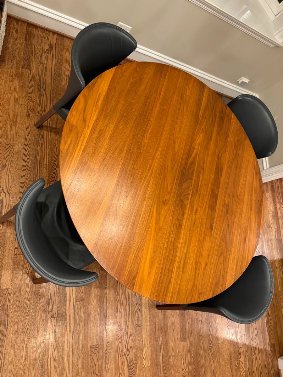 Custom made Round Walnut X base table with reversed beveled edge by Christiana Cabinetry 54" dia x 30" H    $2500   4 Crate & Barrel Chairs (sold Separately) $900