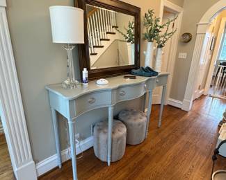 Painted Side Board 70" W x 17" D x 39.5" H  $300                                           Mirror 42" W x 36" H   $150                                                                                     Pair of Tufted Stools 16" dia x 16" H $60