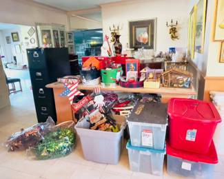 Holiday items, file cabinets