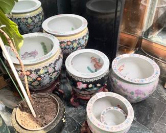 Large and small Oriental Fish Bowl planters with stands